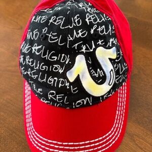 TRUE RELIGION hat unisex 100% cotton OSFA red/black with written pattern & logo